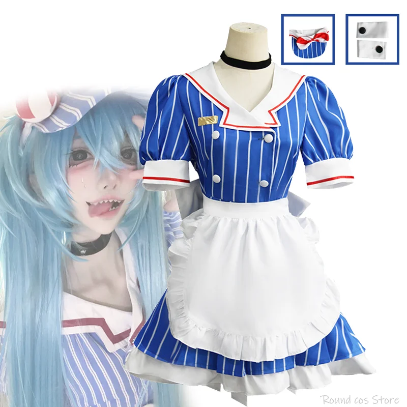 

Anime Vocaloid Lolita Maid Cosplay Costume Adult Women Cap Stripe Uniform Full Set Accessories Suit Halloween Carnival Outfits