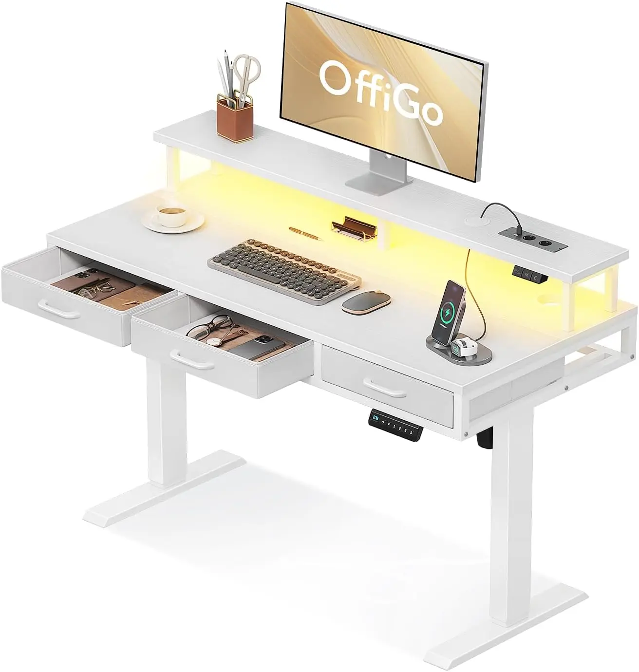 Mesa Elétrica OffiGo com Gavetas, Mesa Ajustável em Altura de 120cm com Suporte para Monitor, Branca