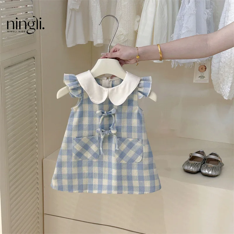 NL-Girls French Dress Summer Blue for Children Plaid Vest Skirt Doll Collar Girl Sweet Princess Dress