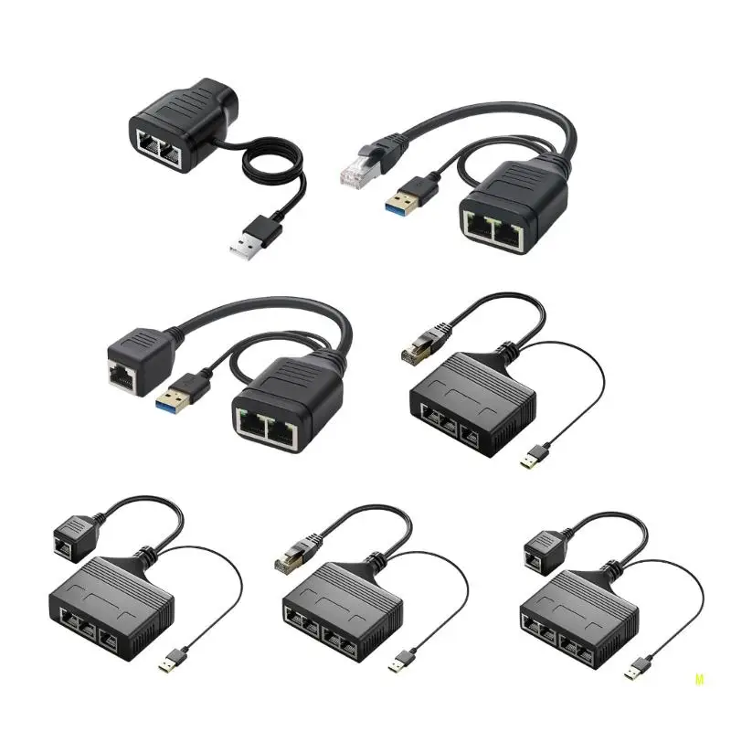 Ethernet Splitter 1 in 2/3/4 Out RJ45 Splitter for Simultaneous Networking with RJ45 Port and USB Power Supply Cable F19E