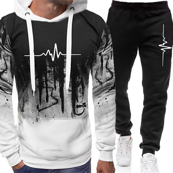 

Mens Tracksuit Heart Print Daily Casual Sports Hoodie Set Jogging Clothing Splash-ink Suit Outdoors Fitness Sweatshirts Menswear