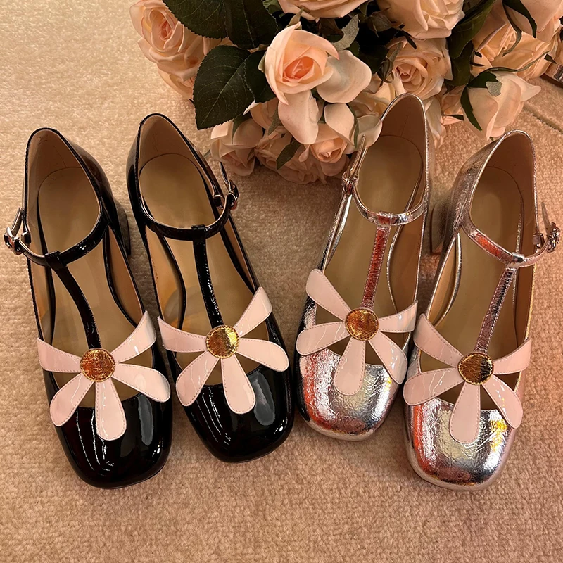 

Fall Round Head Flower Women Shoes Fashion Cover Heel Zapatos Mujer Buckle Strap Casual Mary Janes