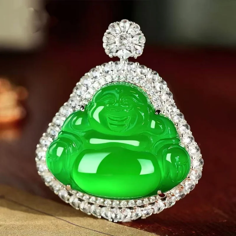 High-quality green jade pendant with diamonds, Maitreya Buddha agate silver-plated necklace, factory direct supply