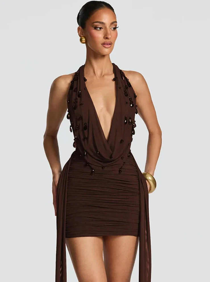 

Женское сексуальное клубное платье, мини-платье с глубоким V-образным вырезом и открытой спиной, каплевидными кристаллами, вечернее платье с драпировкой и рюшами с открытыми плечами