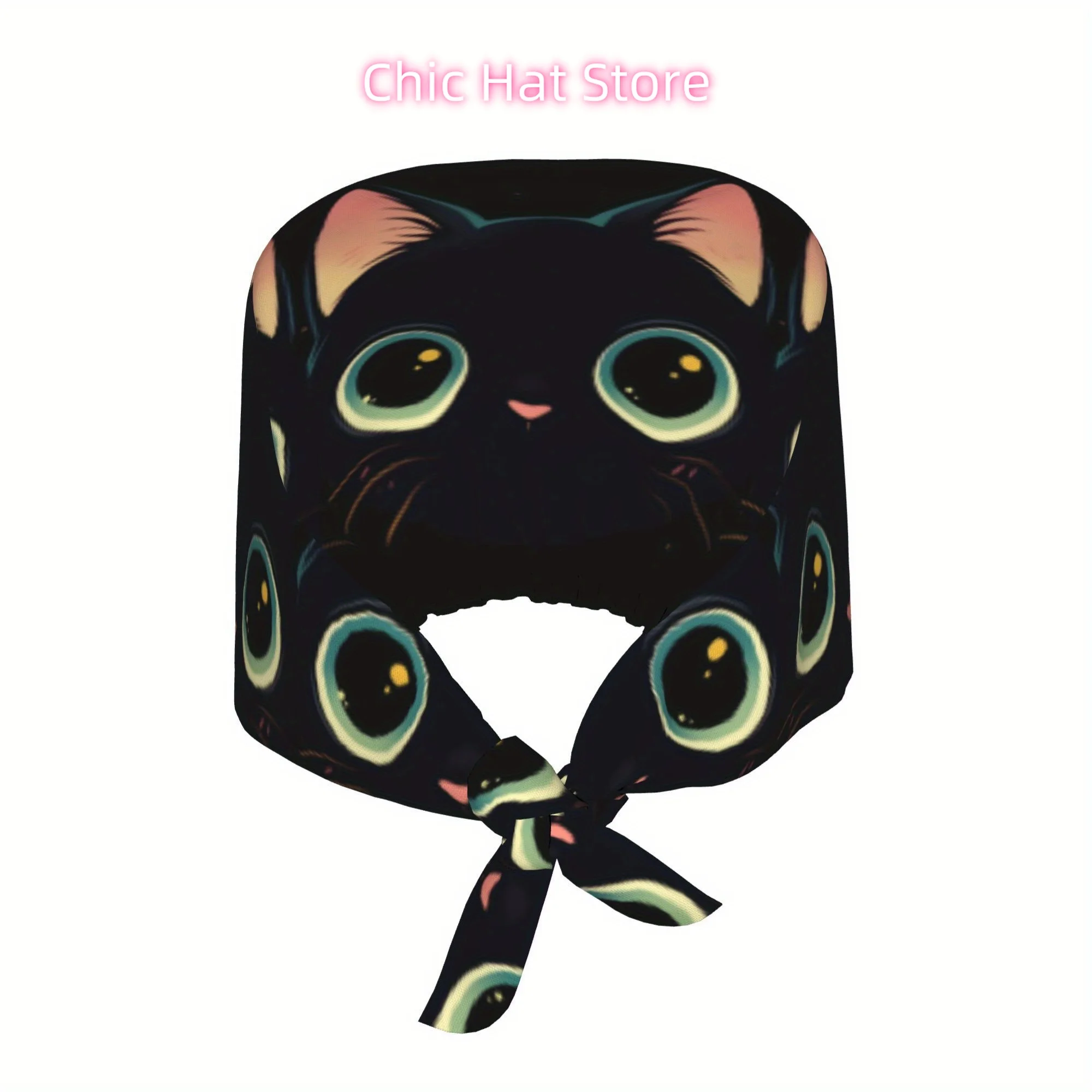 1pc Black Cat Unisex Adjustable Work Cap - Stylish Printed Skull Hat with Tie-Back, Lightweight & Dustproof for Nurses, Chefs, a