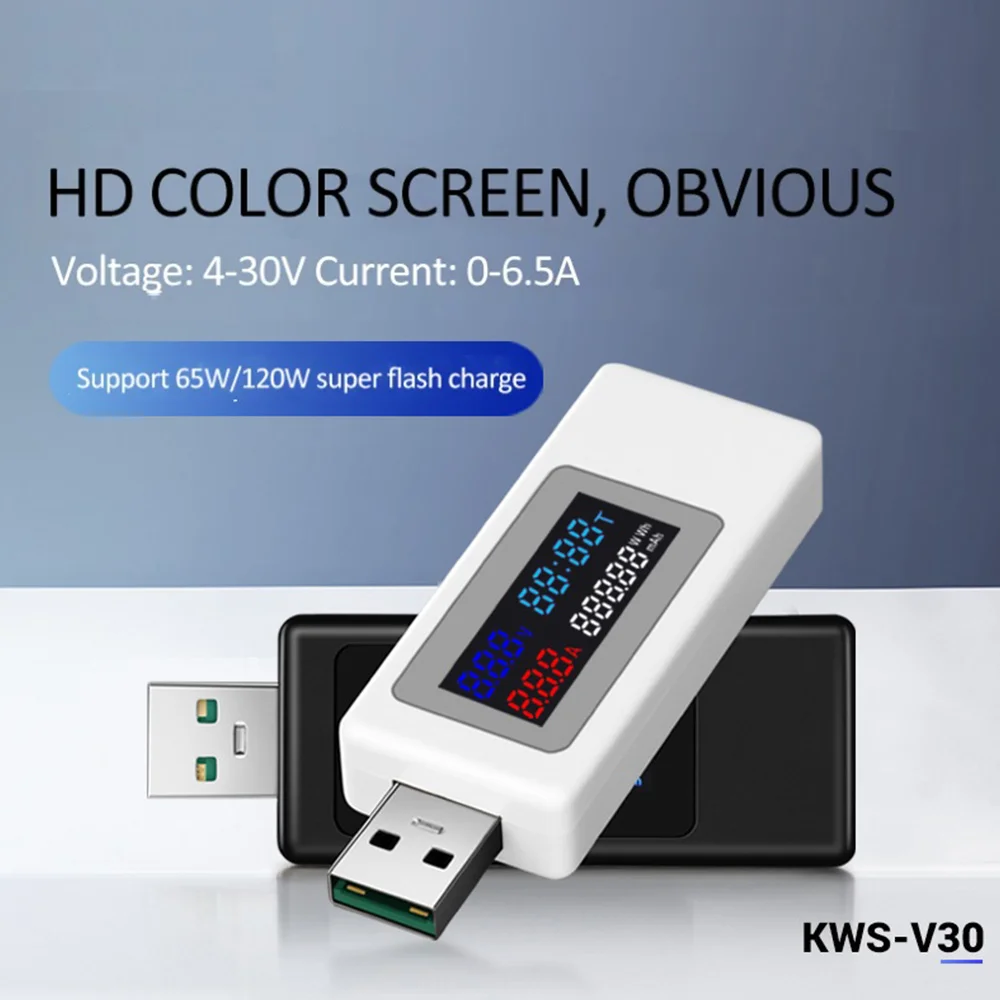 A21Q -6 In 1 USB Tester DC4-30V IPS Display Digital Voltage Power Timing Capacity Meter For Current, Voltage