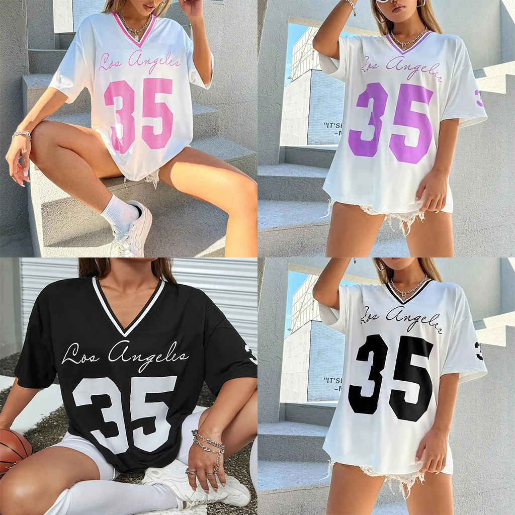 المرأة الجديدة الموضة التجفيف السريع تنفس رسالة مطبوعة الخامس الرقبة تي شيرت كبير الحجم فضفاض عادية تي شيرت رياضي قميص البيسبول #1