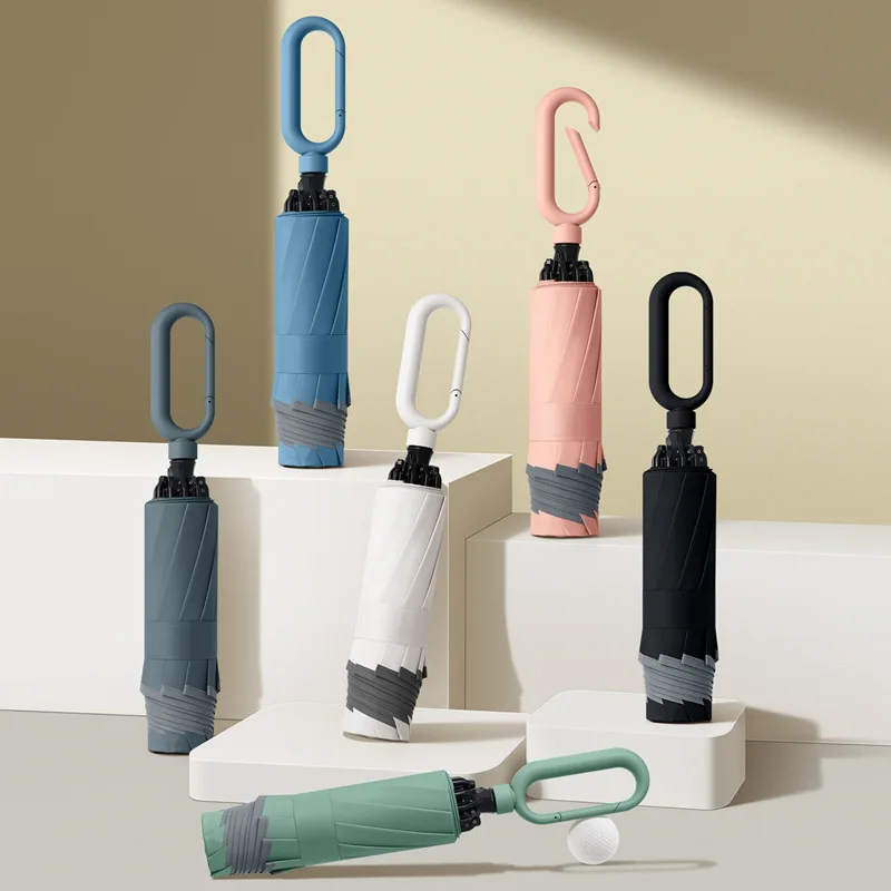 Solid color manual folding umbrella UPF 50+sun protection, lightweight backpack hook windproof and rainproof, thick and safe sun