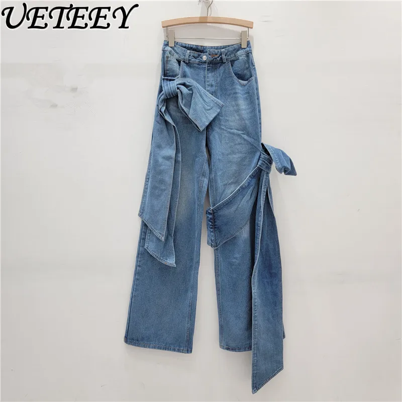 Retro Washed-out Bow Decorative Baggy Jeans Loose Cool Lace-up Natural Waist Straight-Leg Denim Pants Trousers for Women