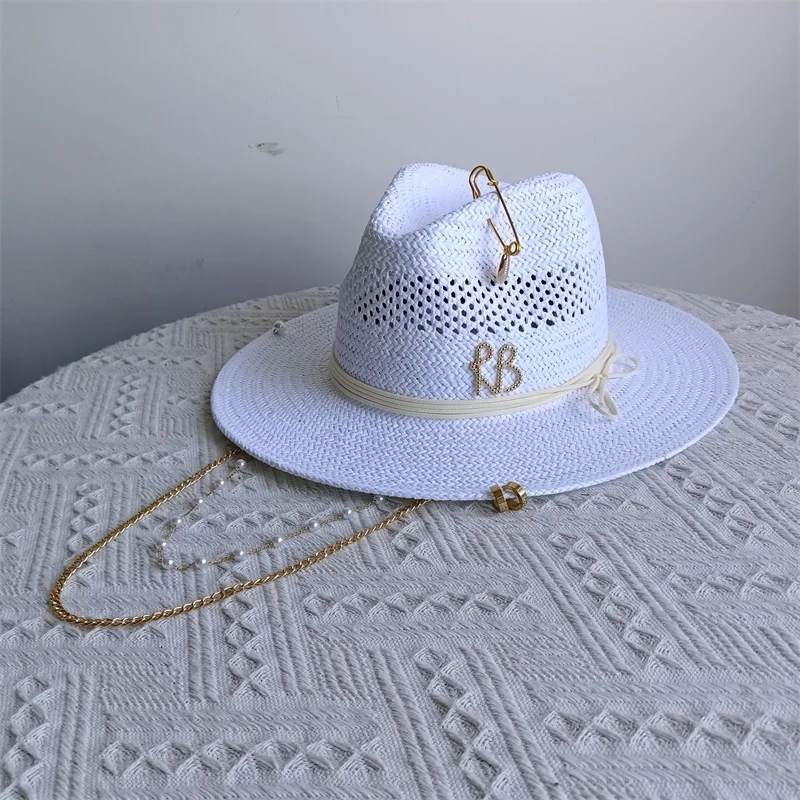 Panama hat hollow series summer women's hat pearl chain sun protection beach hat women's summer jazz hat trend Panama hat