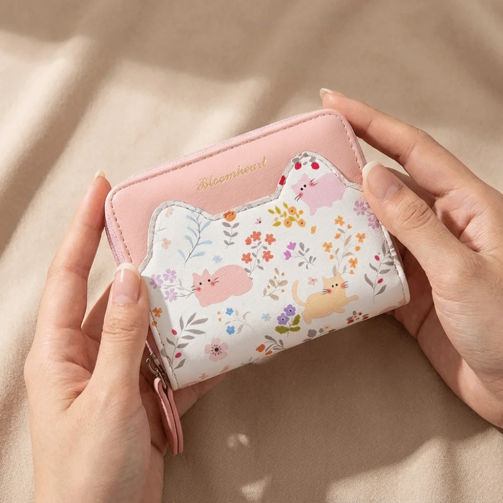 Versatile Cartoon Cat Floral Print Wallet Zipper Closure PU Leather Short Wallet Minimalist Slim Coin Purse Daily Use