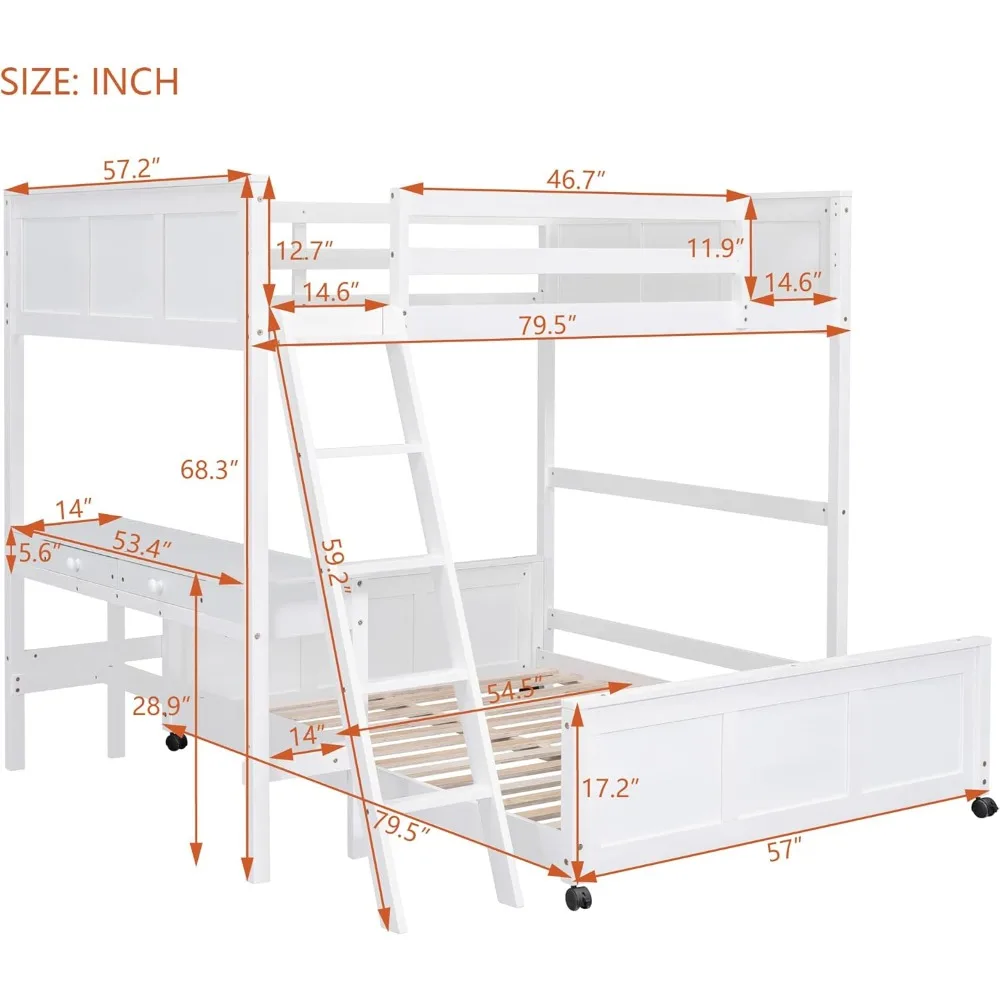 Modern Full Over Full Bunk Bed with Desk and Drawer, L-Shape Fulls Platform Bed with Wheel, with Ladder and Safety Guardrails