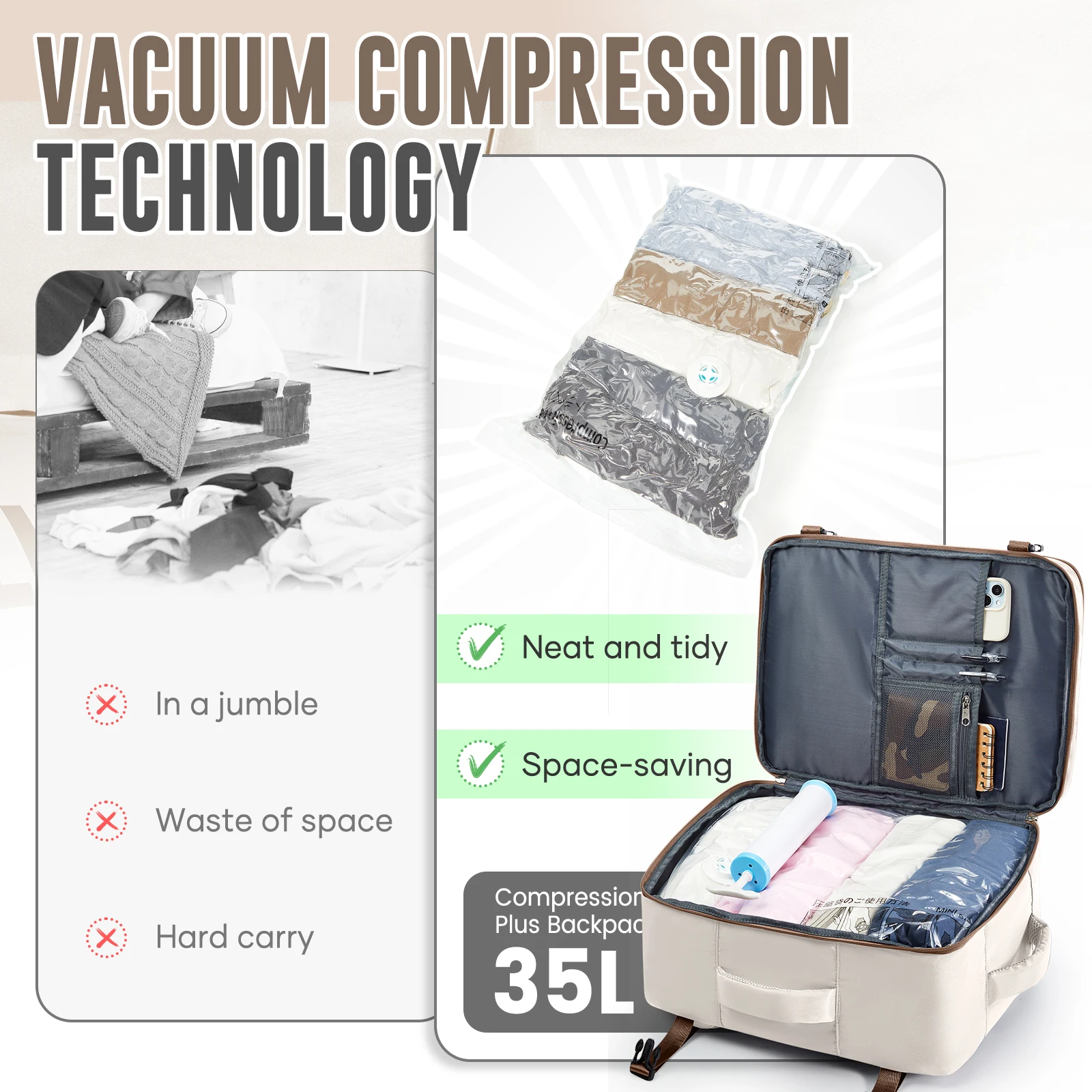 Ryanair حمل على حقيبة 40x30x20 سنتيمتر حقيبة سفر كمبيوتر محمول حقيبة السفر للنساء الرجال ، حقيبة ظهر مفرغة مع مضخة ، أكياس تخزين فراغ