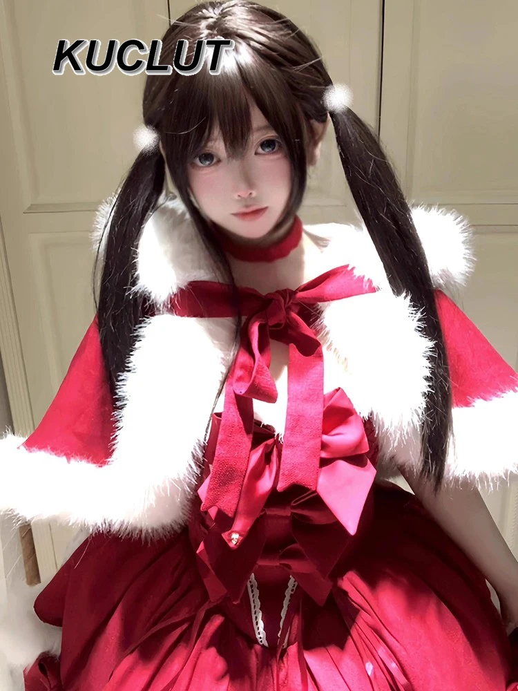 Robe bonito doce menina atmosfera cosplay roupas capa casaco inchado vestido de princesa ano novo roupa vermelha para mulher outono inverno