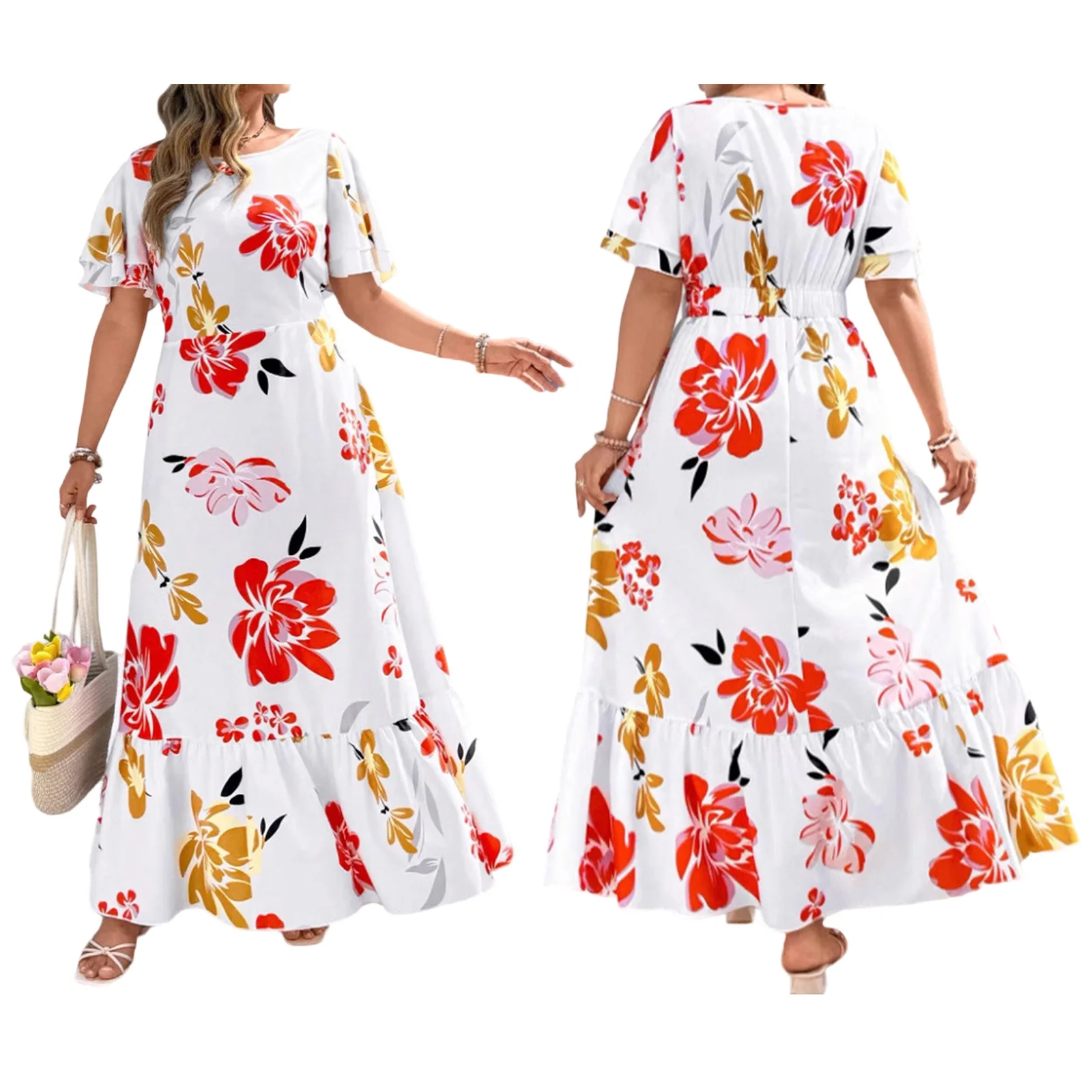 Women's Floral Plus Size Dress Summer Female Loose Round Neck Short Ruffle Sleeve A-line Long Tiered Dress Casual Clothes XXXXL