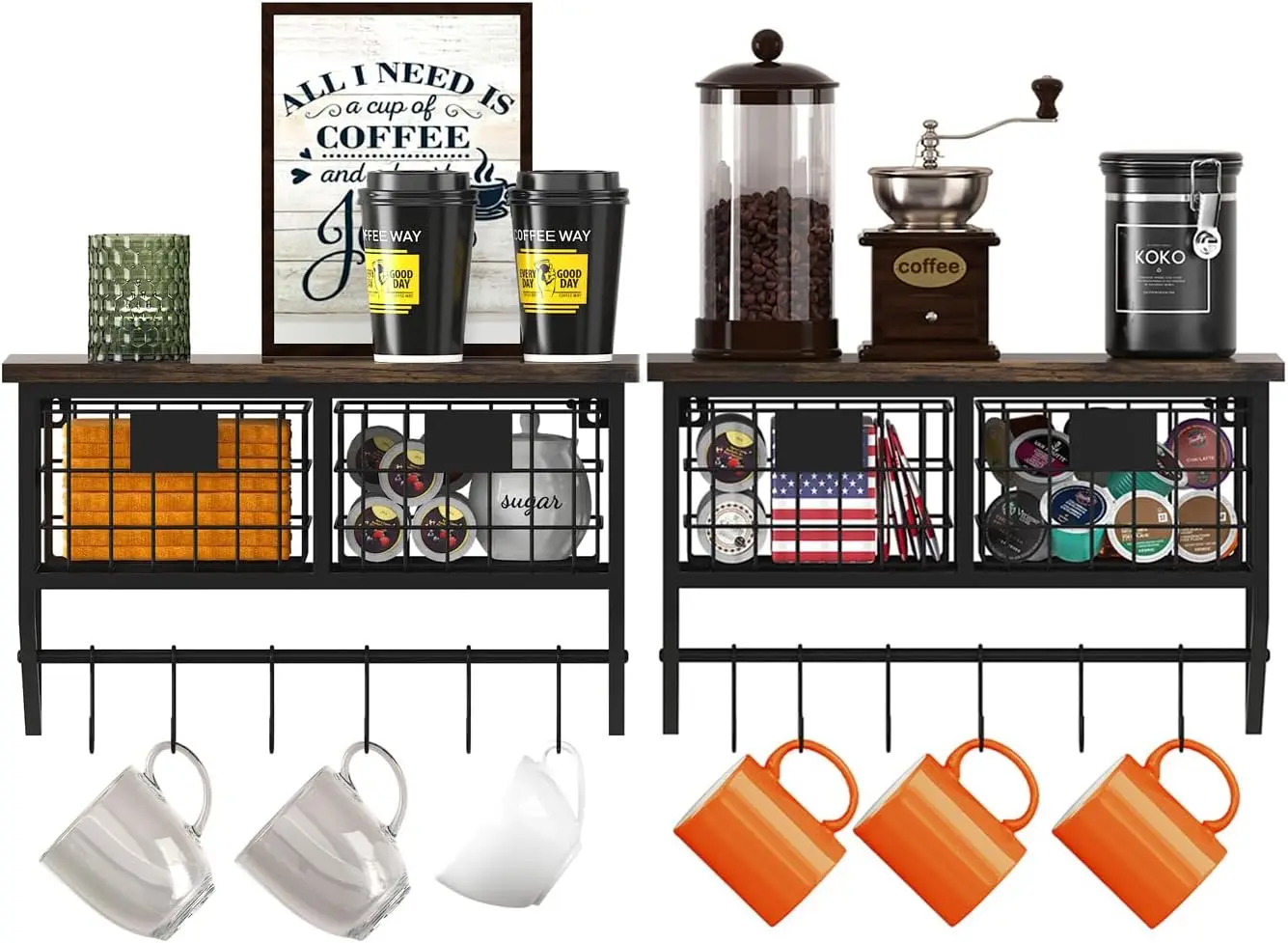 

Industrial Wall Mounted Floating Shelves with Baskets and Hooks for Kitchen Bathroom Home Decor, Black (16inch, 2 Sets)