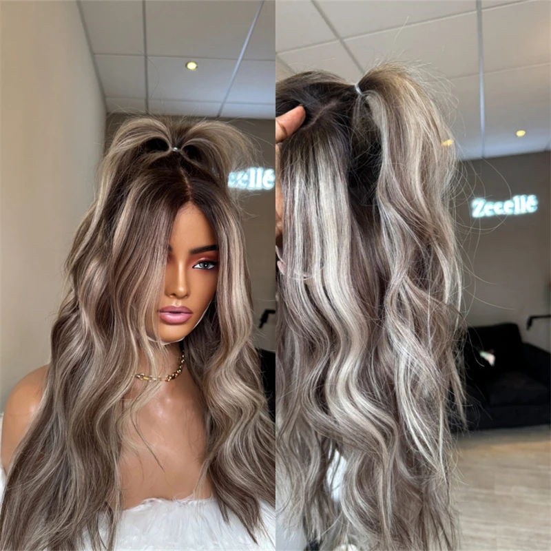 

13x4 Ombre Brown with Platinum Streaks HD Transparent Lace Front Synthetic Wig Preplucked Hairline with Baby Hair 30 Inch Party