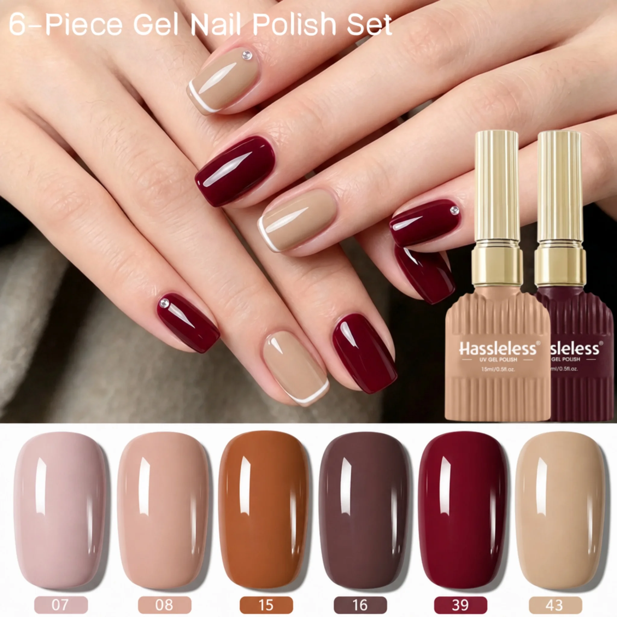 Hassleless Autumn/Winter Gentle Nude Brown and Wine Red 6-Color Palette, Warm Neutral Soak-Off Gel Nail Polish for Nail Salons and Home Use