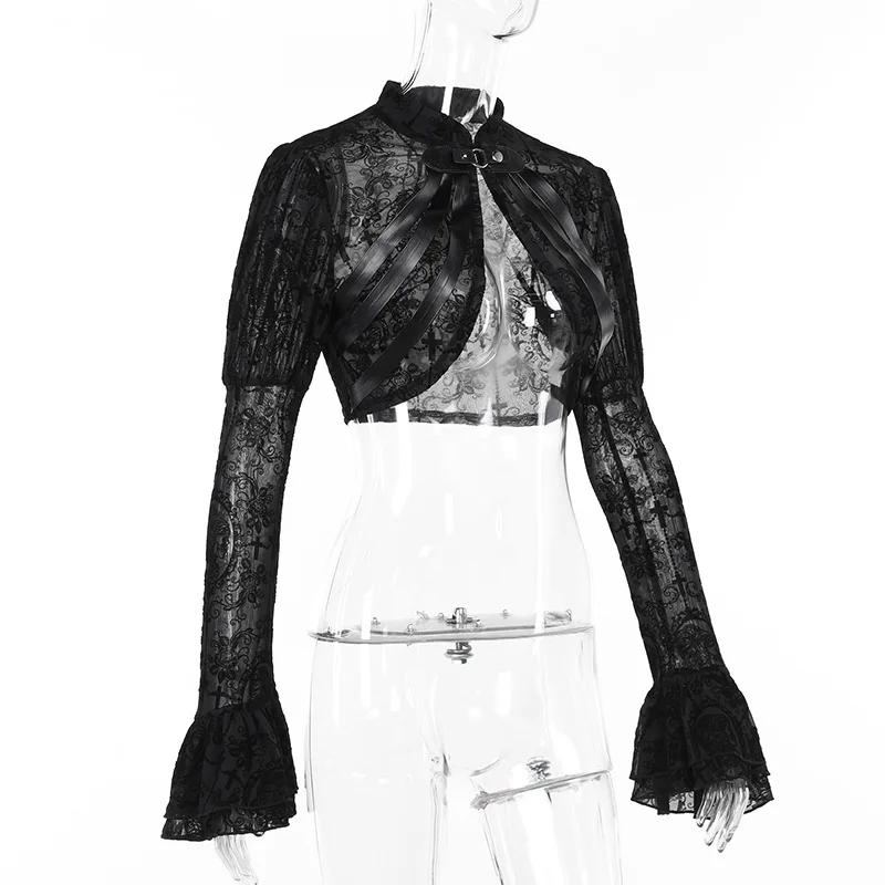 Elegante Harajuku Vrouwen Massaal Crop Vest Jassen Y2K Grunge Techwear Mall Gothic Kant See Through Bolero Tops Alt Partywear