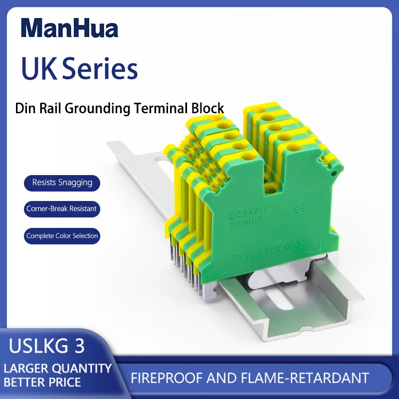 ManHua 10Pcs USLKG3 Screw Din Rail Terminal Blocks Ground Universal Class Connector USLKG3 PE Wire Conductor