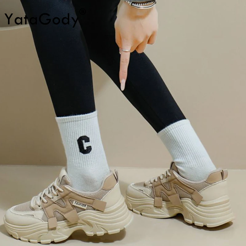 YATAGODY Size 35-40 White Sneakers For Women Breath Lightweight Thick Heels Pump Shoes Casual 2025 Spring Tenis Athletic Walking