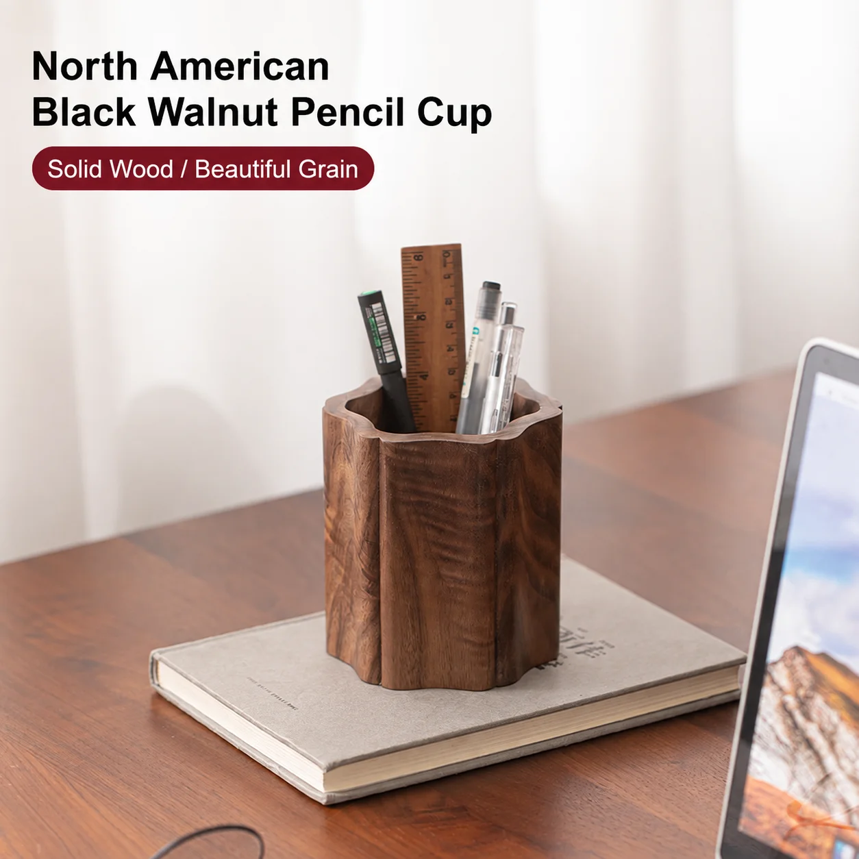 Desk Stationery Organizer Minimalist Walnut Wood Pen Holder Stationery Storage Holder Stable Solid Wood Pen Holder For Office