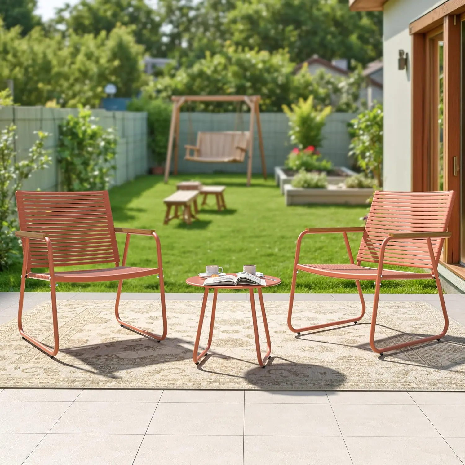 

Комплект для отдыха на террасе из 3 предметов: компактные всепогодные стулья, стеклянный стол, для квартиры, балкона, двора, оранжевый, на заказ