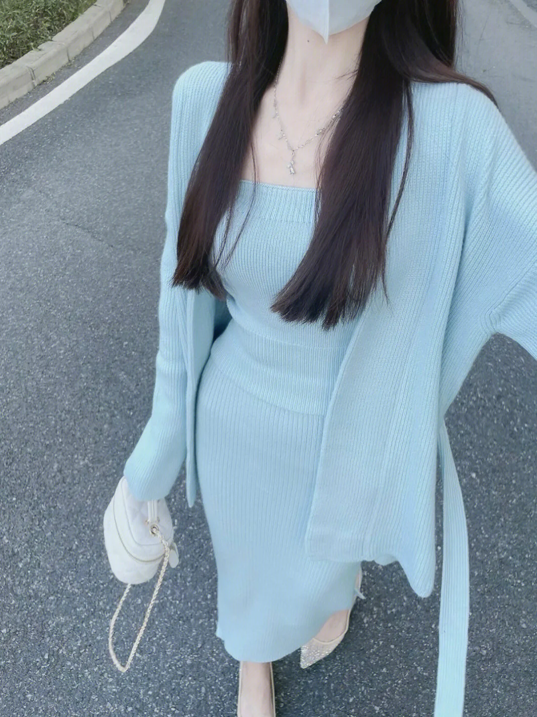 Gentle Blue Knitted Set Women's Autumn 2023 New Strap Cardigan Coat Half Skirt Celebrity Three Piece Set  skirt  sexy corset