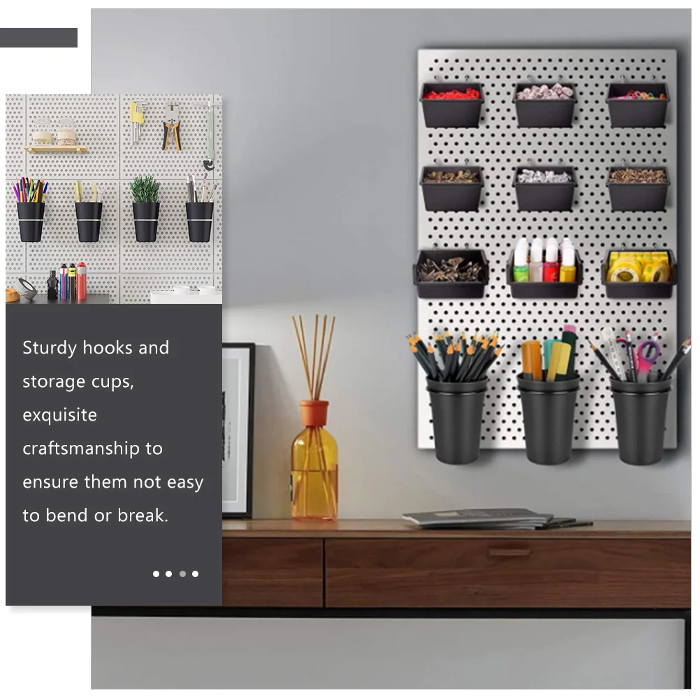 

5 set 5 Pegboard Cups Black 5 Hooks Storage Organizer Small Parts Home Office Garage Pantry Craft Desk Tool Rack Kit