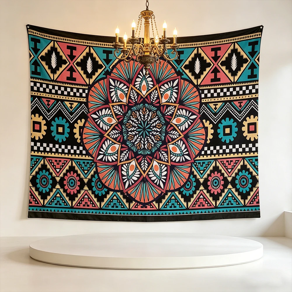 Vintage Tribal Mandala Tapestry Wall Hanging, Colorful Ethnic Aztec Geometric Pattern Boho Tapestry, Retro Hippie Art Wall Blank