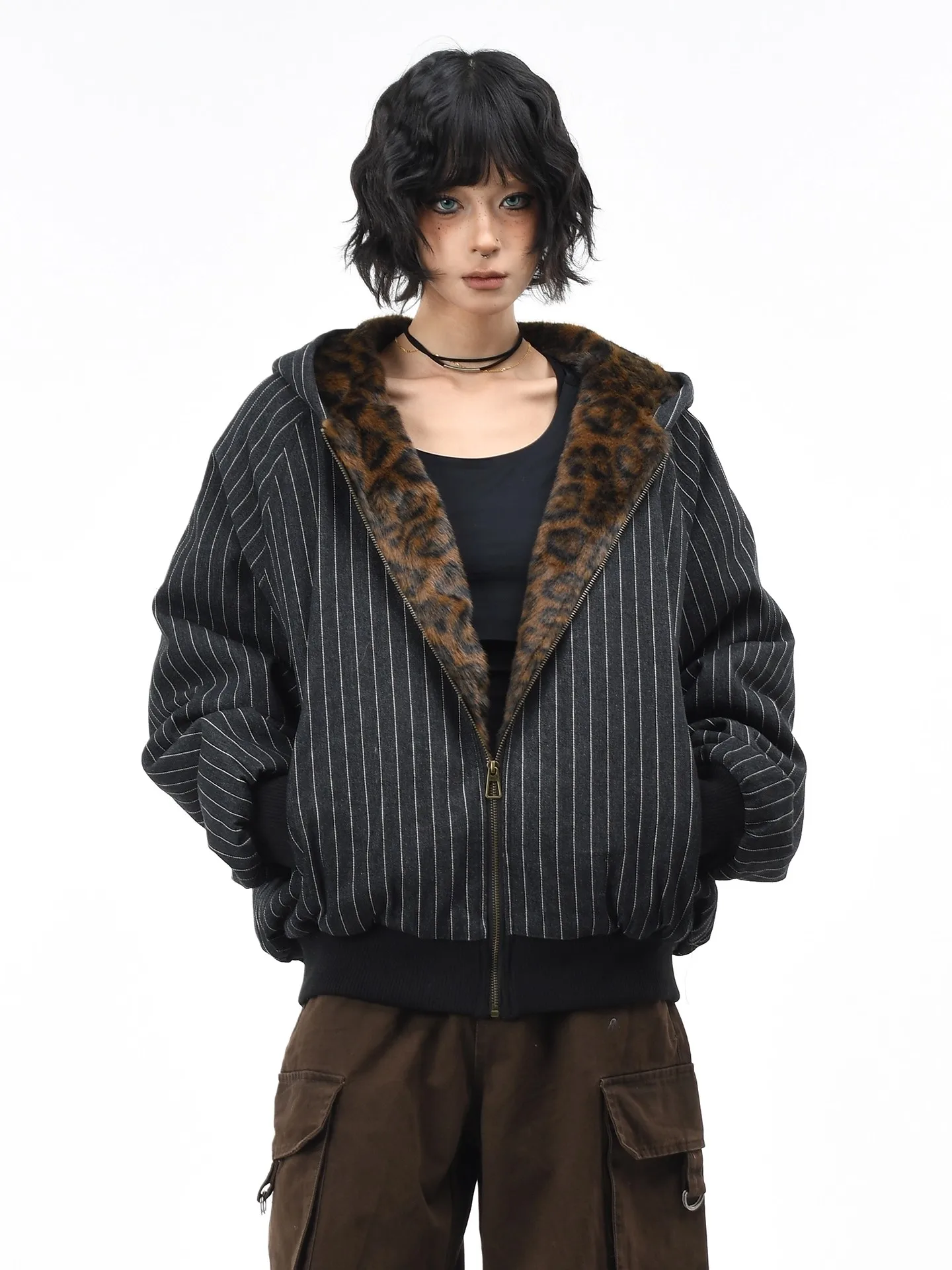 레트로 아메리칸 스트라이프 후드 따뜻한 코튼 자켓 남성 여성 겨울 루즈 레오파드 프린트 또는 펑크 스타일 스트리트 패션