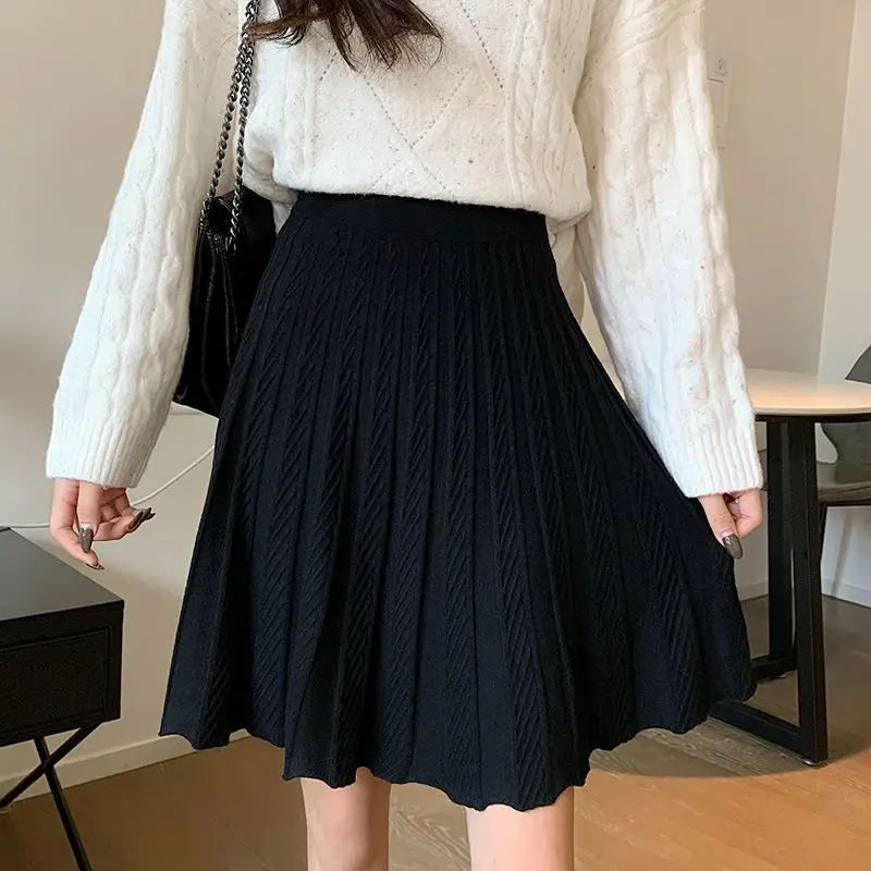 Knitted Pleated Skirts Women Above Knee Solid Casual Autumn All-match Design College Jupe Femme Korean Style High Waist Elegant