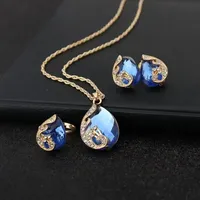 3PCS Peacock Gemstone Lady Jewelry Set Temperament Shiny Crystal Waterdrop Necklace Hoop Earring Ring Gold Color Evening Jewelry