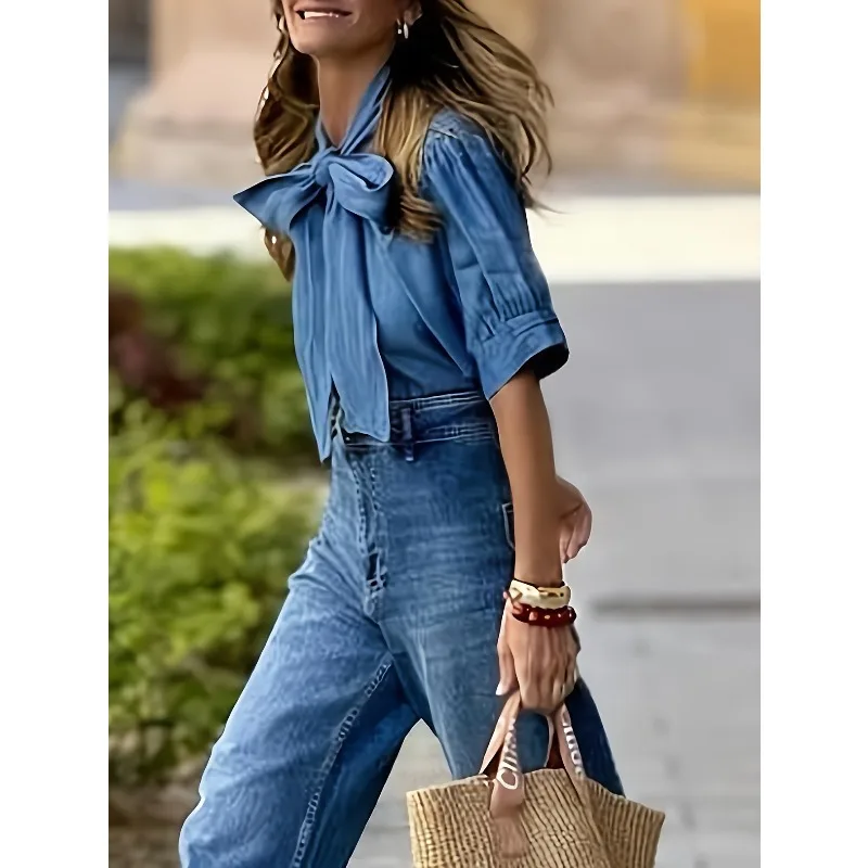 2026년 봄 여름 신상 여성 의류 단색 기품 있는 레이스업 중간 소매 세미 터틀넥 셔츠 탑