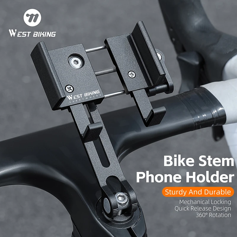 WEST BIKING Bicycle Stem Phone Holder Bike 360° Rotatable Aluminum Anti-Slip Mobile Phone Bracket Adjustable Cycling Phone Stand