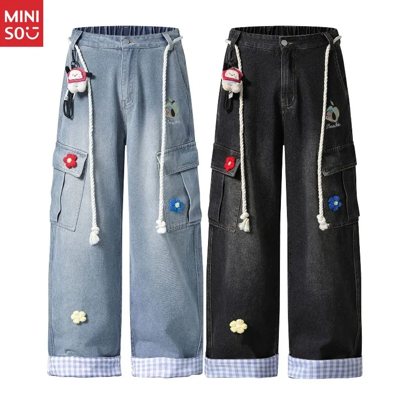 Miniso الأمريكية الرجعية انفصال الرباط الأزهار التطريز مستقيم الساق السراويل للجنسين فضفاض الكلب قلادة واسعة الساق #5