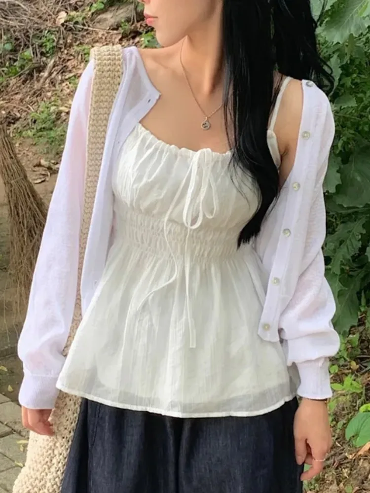 Chic Summer Sleeveless Chiffon Top Women's Drawstring Strap Square Collar Slimming Sexy Camisole Casual Sexy Upper Apparel