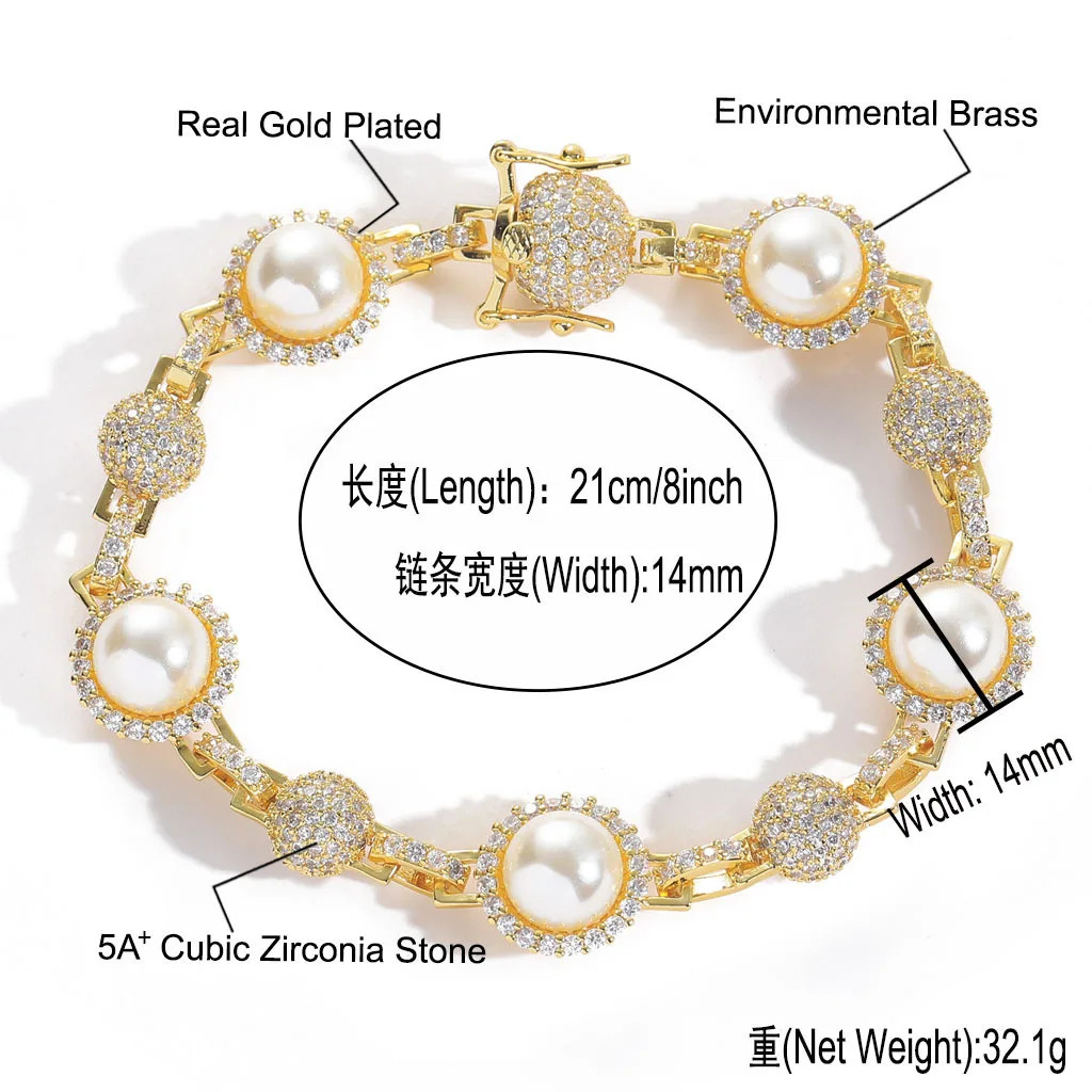 14mm Hip hop diamond pearl bracelet women personality trend retro chain cross-border women Bracelets