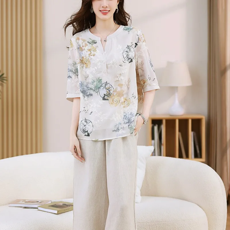 

Faionable Cotton Linen Casual Wide Leg Pants Two Piece Set for Mom Summer Clothing Lightweight Plant Floral Print irt