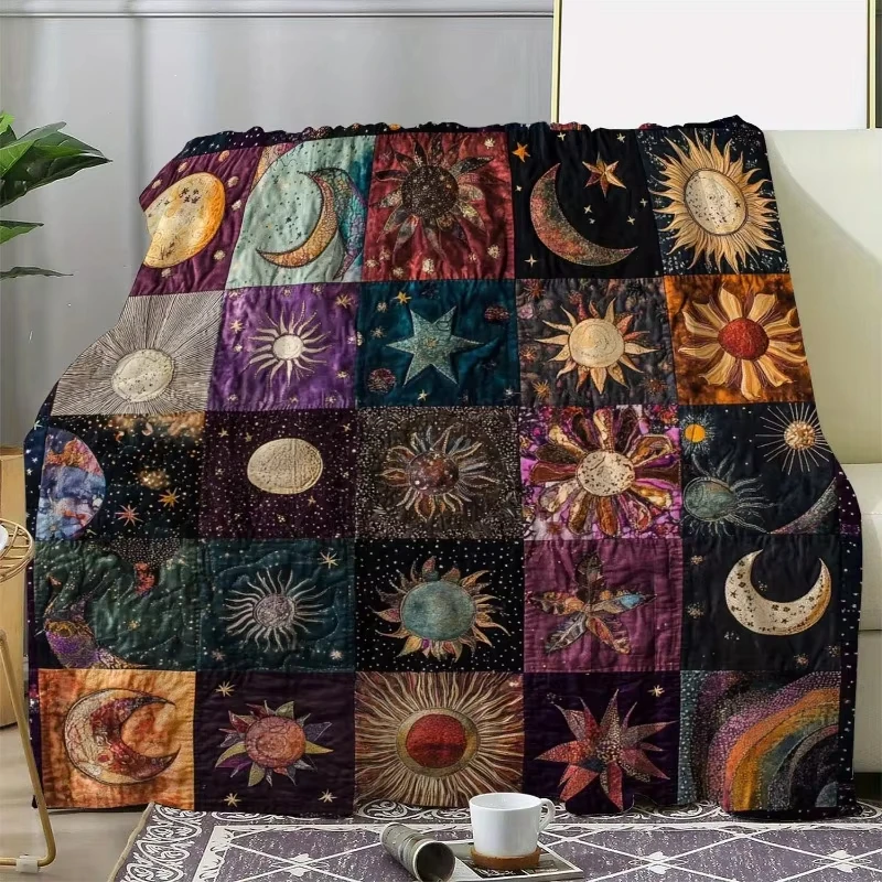 

1pc Fantasy Universe - Sun, Moon, Stars Soft Patchwork Blanket, Ideal Christmas Gift for Creating Dreamy Atmosphere