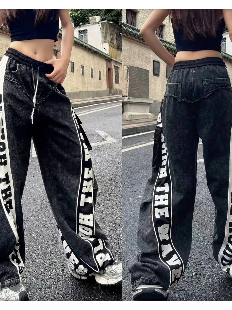 Heavyweight Denim Jeans Women's Spring 2026 New Style Red Black Letter Print Drawstring Large Pocket Trendy Loose Fit Blue
