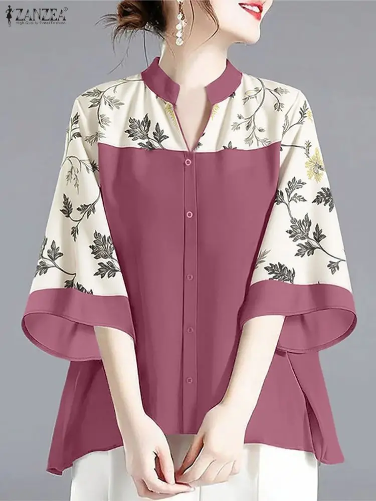 2025 ZANZEA otoño blusa con estampado Floral mujeres Tops Vintage cuello en V manga 3/4 Blusas mujer OL camisa de trabajo Casual botones Blusas