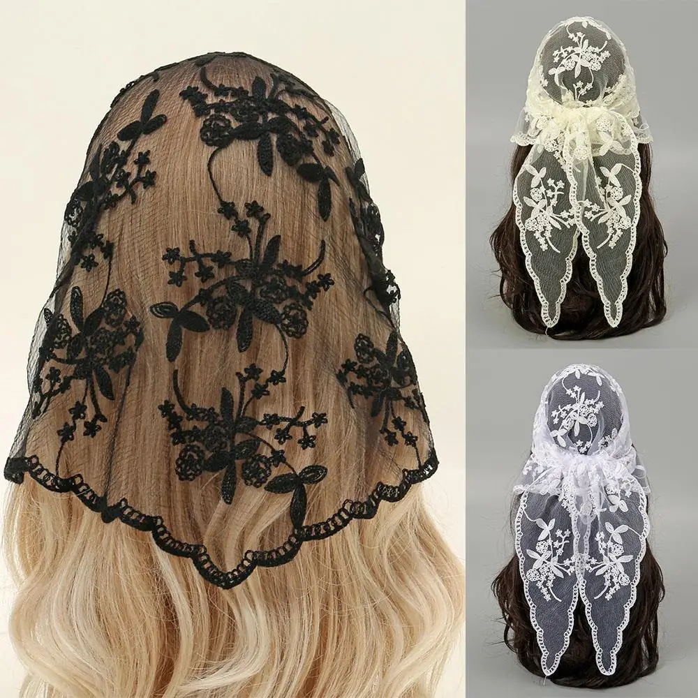 

Lace Hair Scarf Floral Embroidered Triangle Headscarf Multi-functional Head Wrap Bandana Solid Color Decor Triangular Shawl