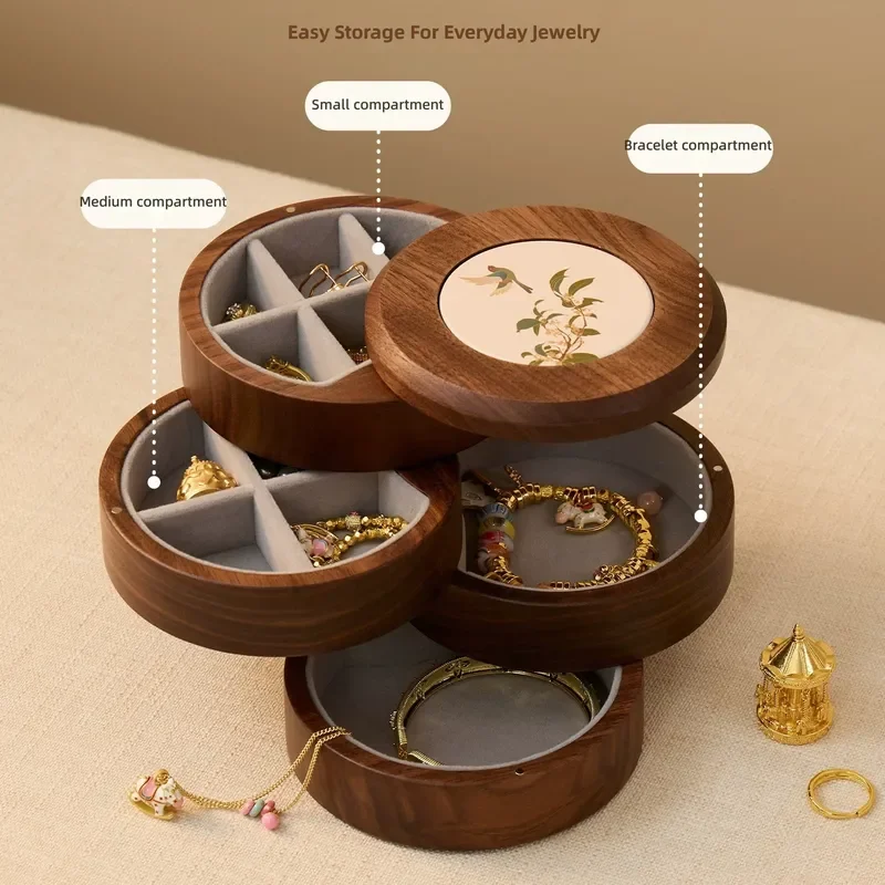 for Black Walnut Rotary Jewelry Box Premium Multi-layer Grid Earrings Necklace Ring Storage