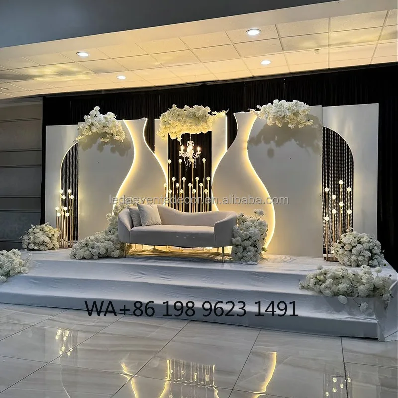 

Large Wedding Hall Stage Arch Set Acrylic PVC LED Light Wave Backdrop Panel Wedding Event Party Decoration