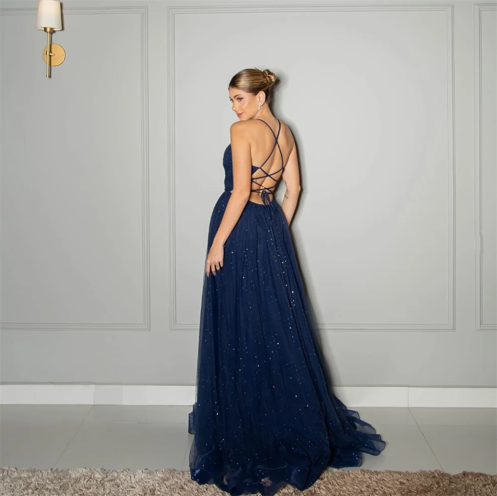 Annie Dark Blue Wedding Dress Glitter Tulle Elegant Prom Dresses Sexy Backless Side Slits Women Bespoke Occasion Dresses