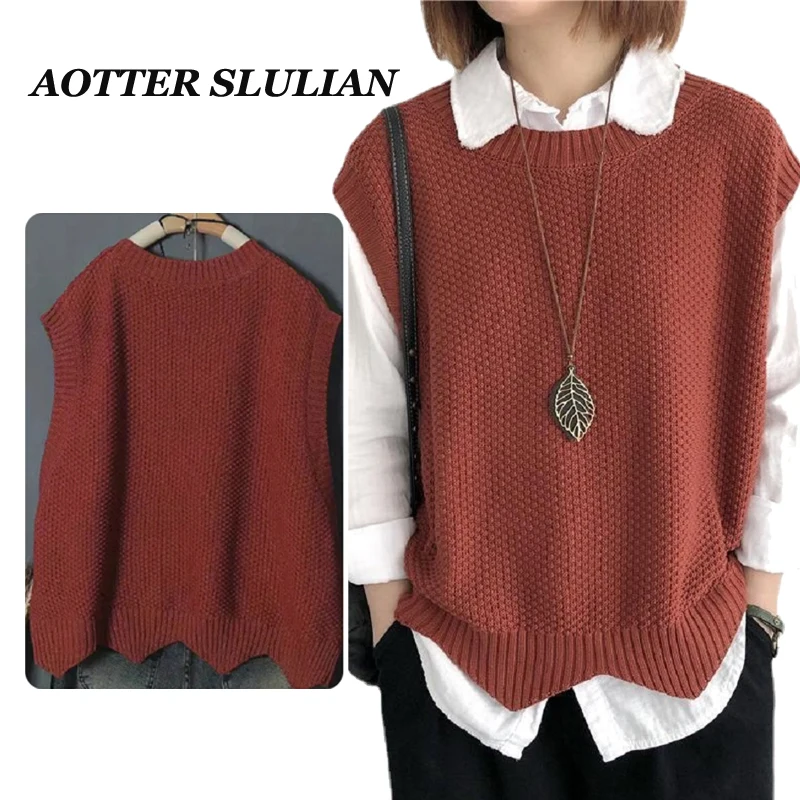 

One Size Knitted Vest For Women 2023 Spring Irregular Hem Loose Sleeveless Jackets Fashion Solid Crew Neck Sweater Vest Pullover