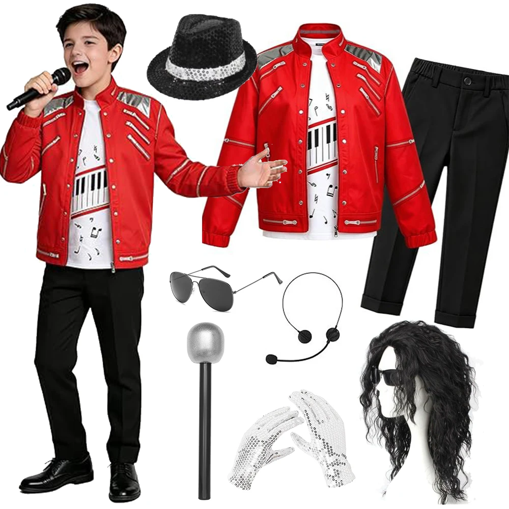 Kinder Cosplay Tanzstar Kostüm-Set Rot Bedruckt 80er 90er Jahre Bühnen-Party-Outfit Jungen Mädchen Kleidung Kinder Moonwalk Kostüm