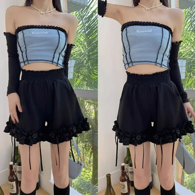 Hohe Taille Breite Frau Kurze Hosen Shorts für Frauen Schwarz Rüschen Harajuku Mode 2000er Jahre Kleidung Y2k Jorts Normal Classic XL Hot