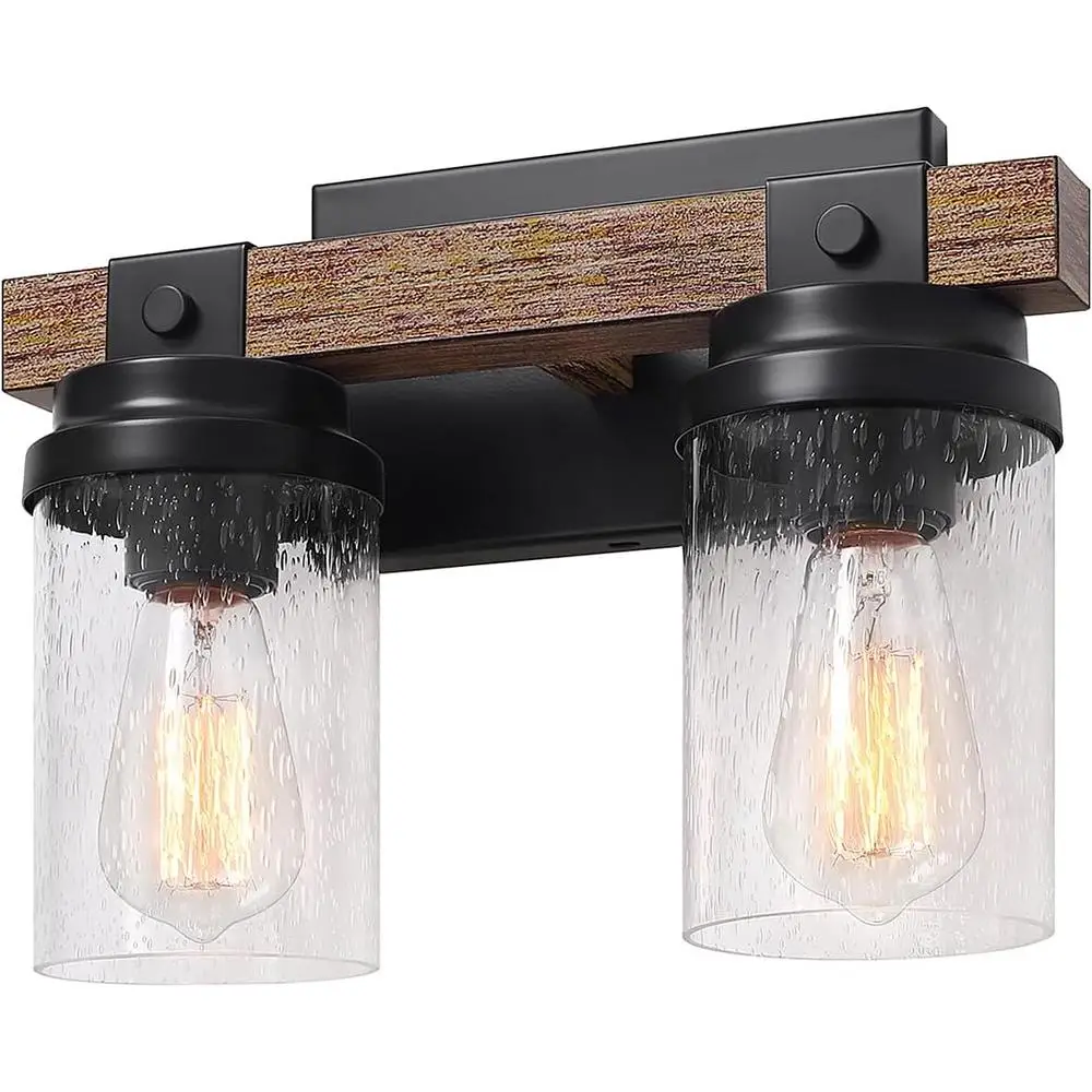 2-Light Rustic Bathroom Vanity Light Fixtures Industrial Wall Lighting Handmade Metal Wood Grain with Glass Shade E26 Compatible